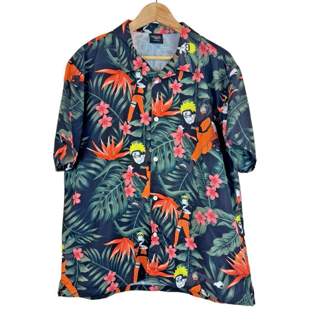 Anime Naruto‎ Shippuden Tropical Button Shirt Hawaiian Floral Size L Men’s